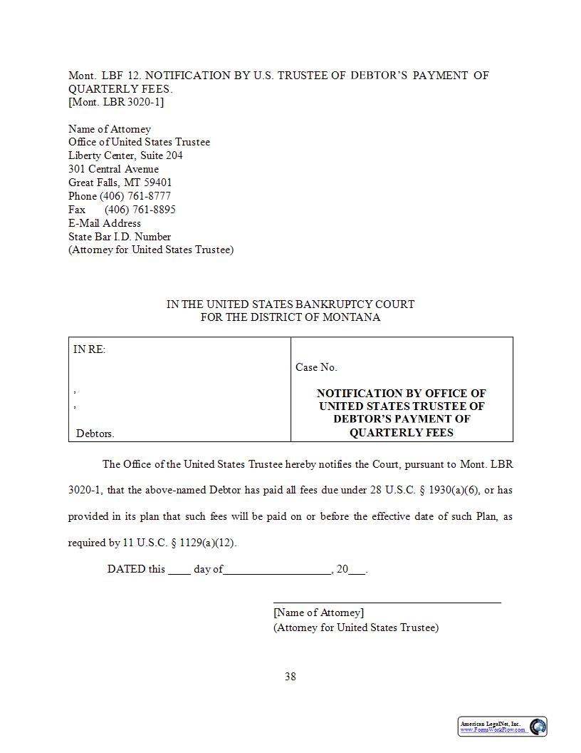 Notification By Office Of U.S. Trustee Of Debtors Payment Of Quarterly Fees {LBF-12} | Pdf Fpdf Docx | Montana