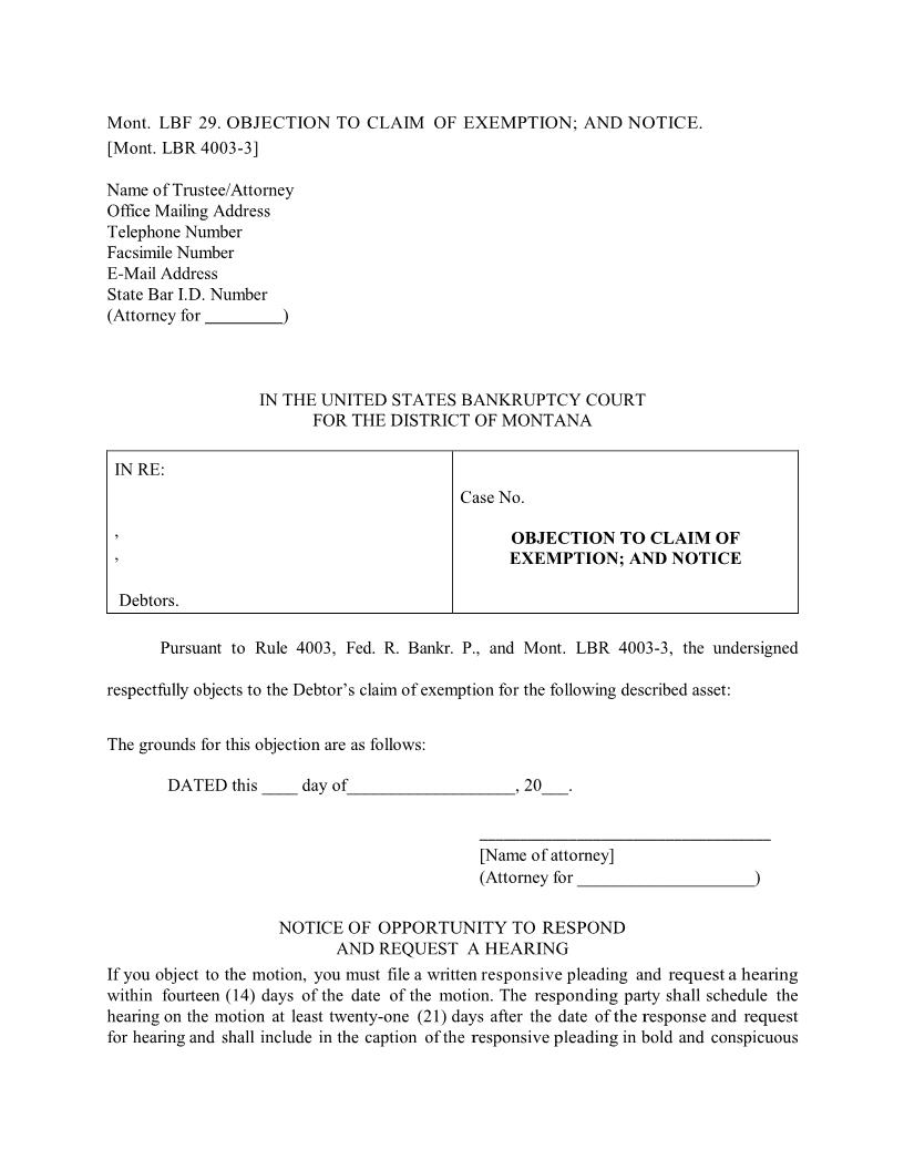 Objection To Claim Of Exemption {LBF-29} | Pdf Fpdf Docx | Montana