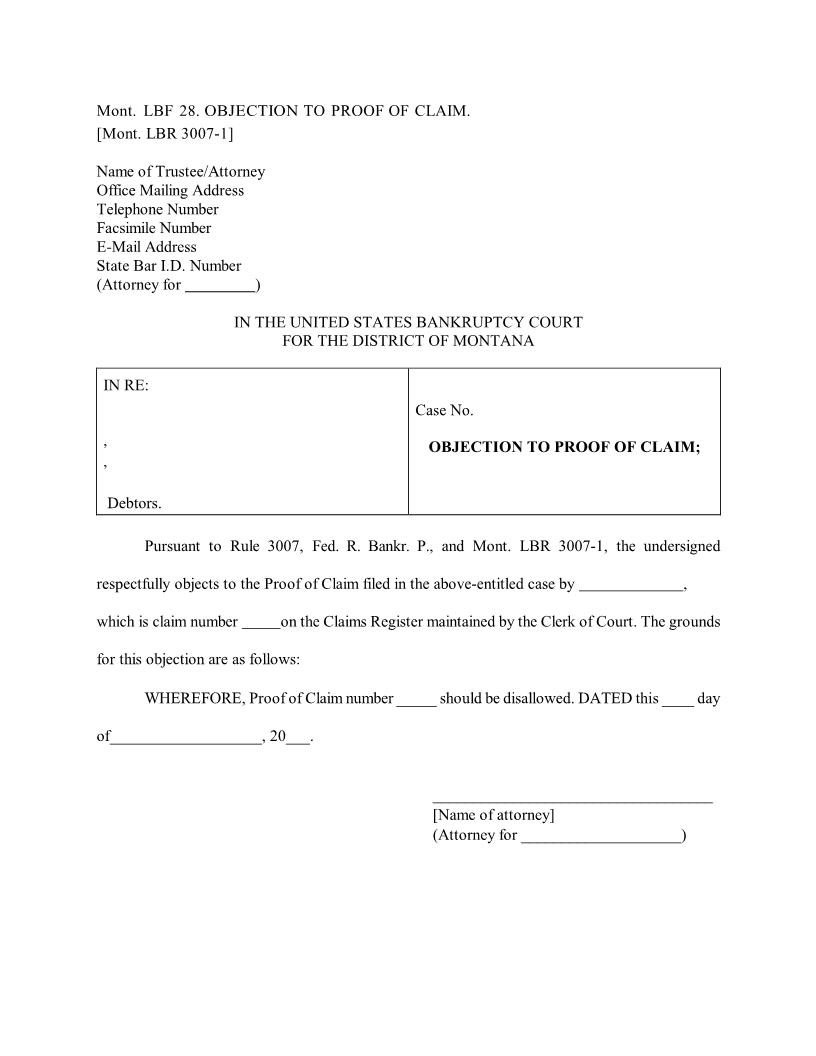 Objection To Proof Of Claim {LBF-28} | Pdf Fpdf Docx | Montana