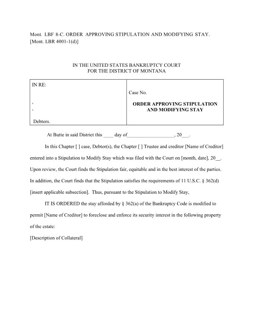 Order Approving Stipulation And Modifying Stay {LBF-8-C} | Pdf Fpdf Docx | Montana