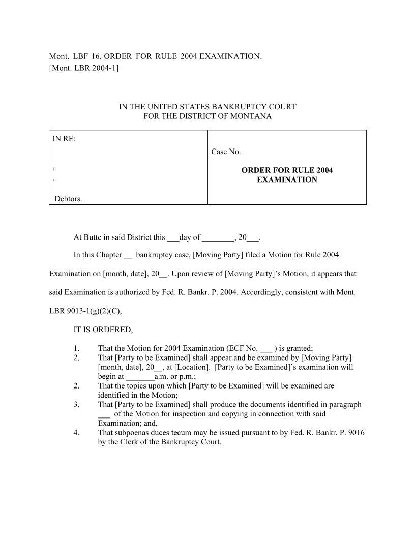 Order For Rule 2004 Examination {LBF-16} | Pdf Fpdf Docx | Montana