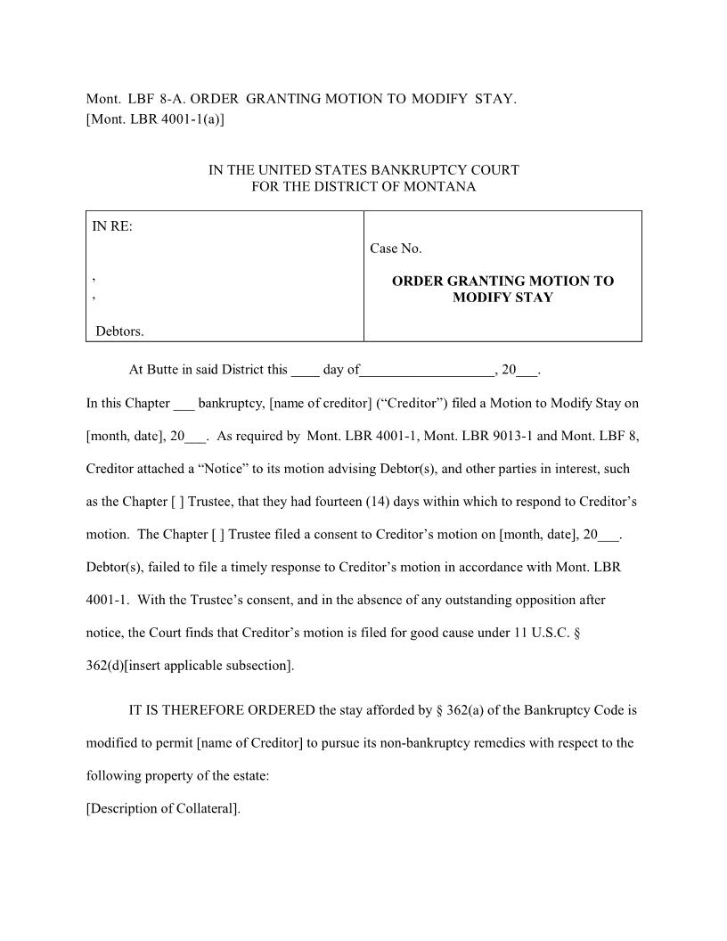 Order Granting Motion To Modify Stay {LBF-8-A} | Pdf Fpdf Docx | Montana