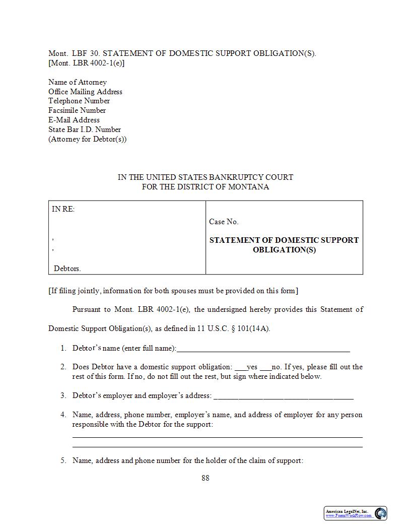 Statement Of Domestic Support Obligation(s) {LBF-30} | Pdf Fpdf Docx | Montana