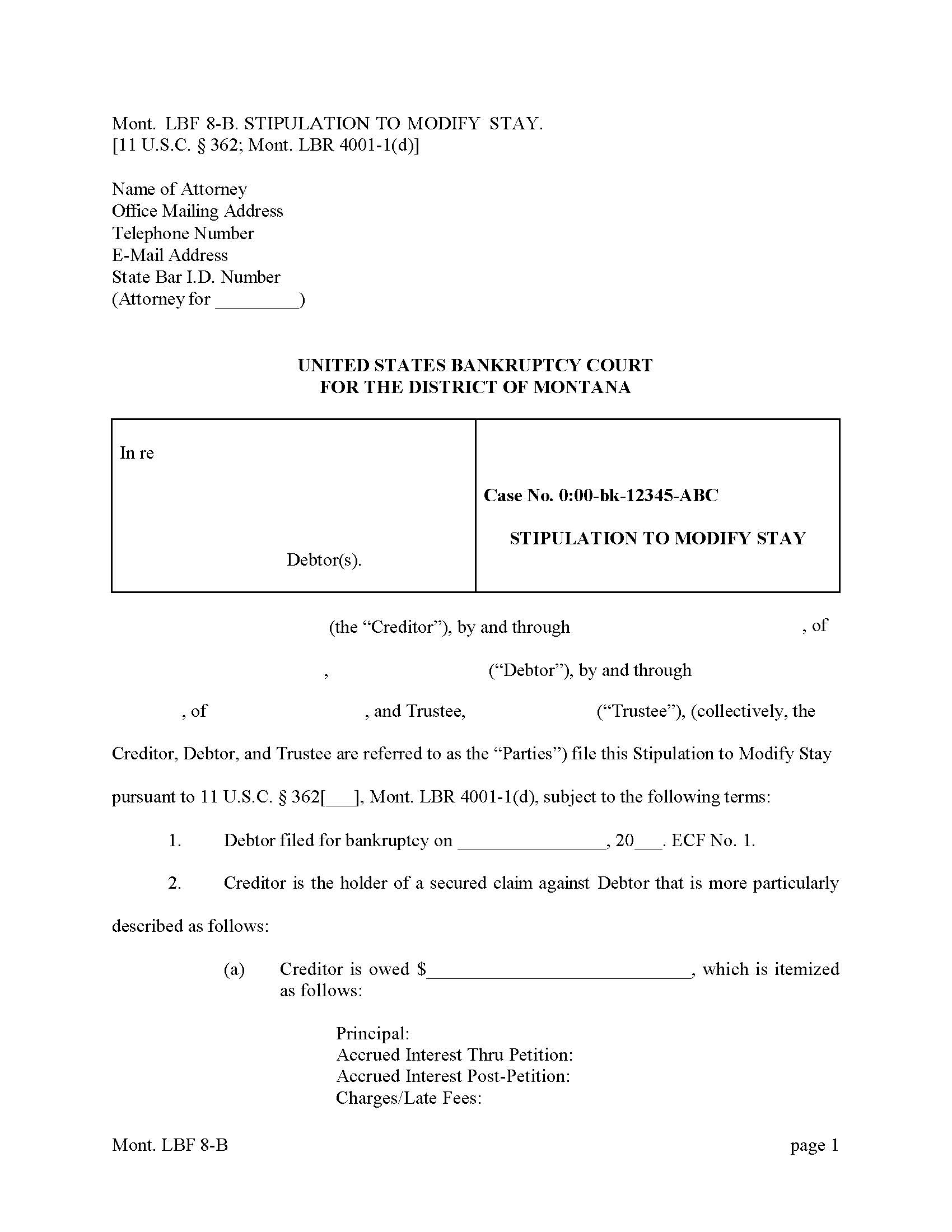 Stipulation To Modify Stay {LBF-8-B} | Pdf Fpdf Docx | Montana
