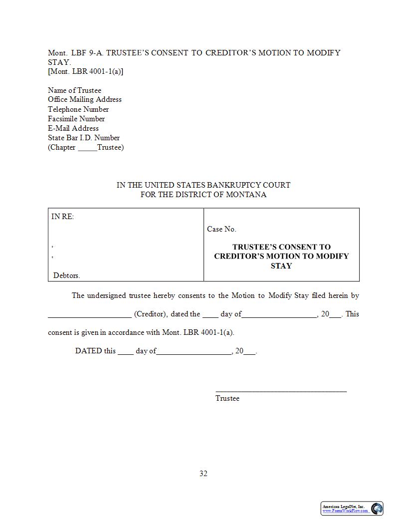 Trustees Consent To Creditors Motion To Modify Stay {LBF-9-A} | Pdf Fpdf Docx | Montana