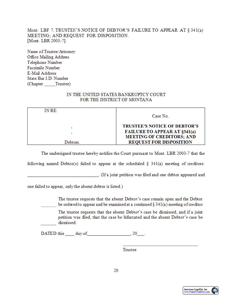 Trustees Notice Of Debtors Failure To Appear At Section 341(a) Meeting {LBF-7} | Pdf Fpdf Docx | Montana
