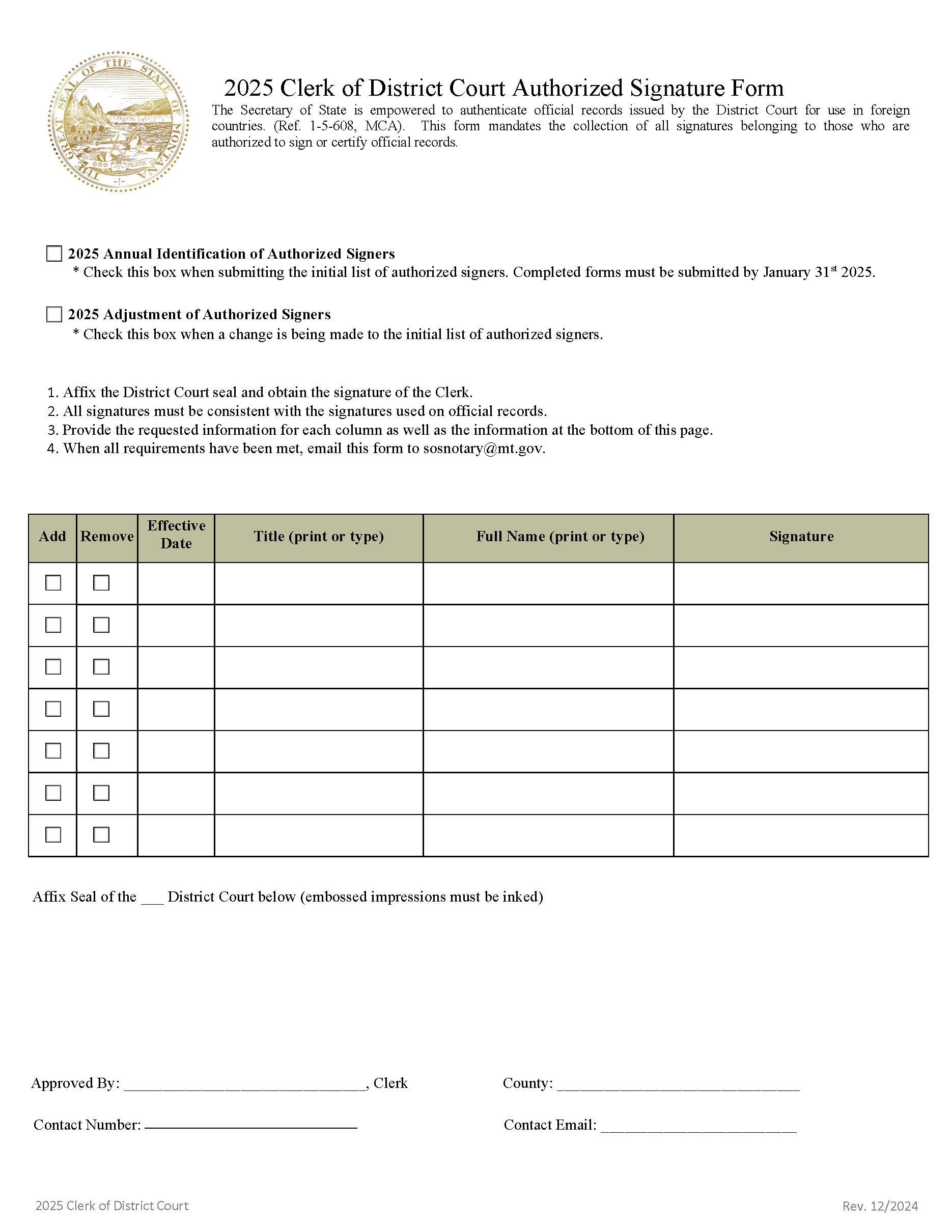 2025 Clerk Of District Court Authorized Signatures | Pdf Fpdf Docx | Montana