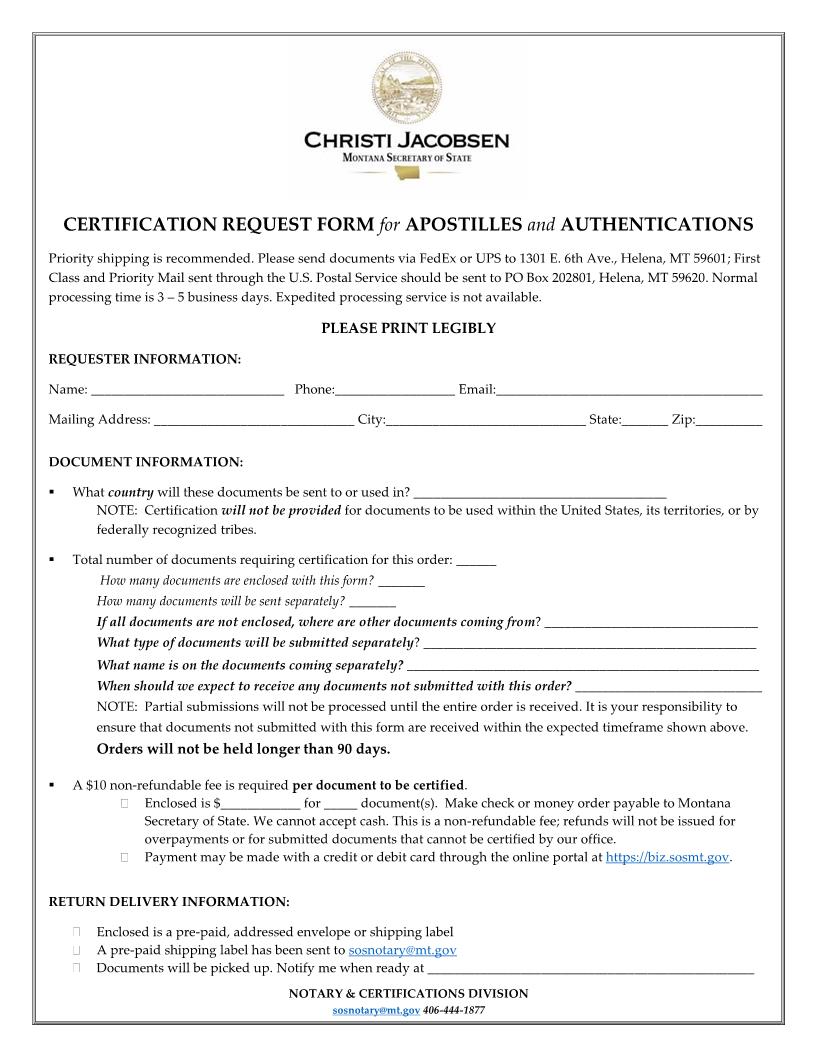 Apostille Or Authentication Request Form | Pdf Fpdf Docx | Montana