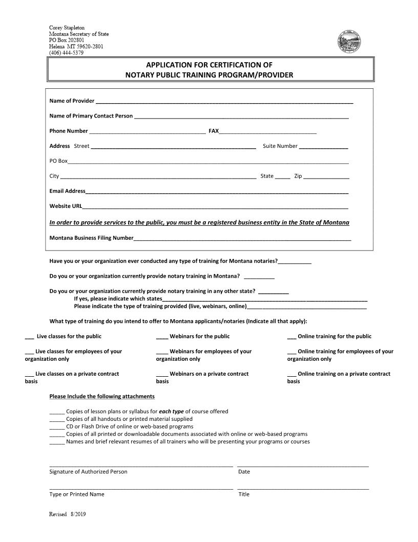 Application For Certification Of Notary Training | Pdf Fpdf Docx | Montana