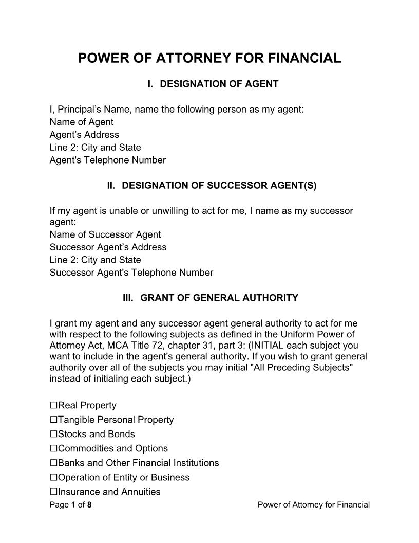 Financial Power Of Attorney | Pdf Fpdf Docx | Montana
