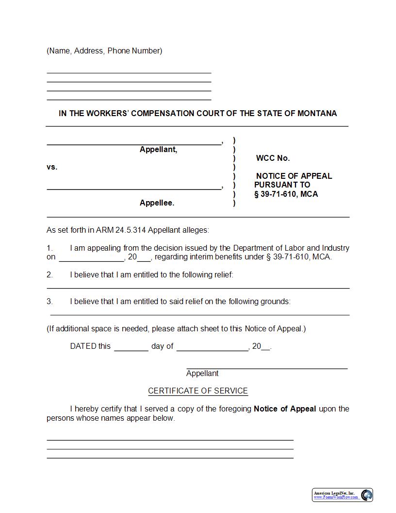 Notice Of Appeal (Pursuant To 39-71-610 MCA) | Pdf Fpdf Docx | Montana