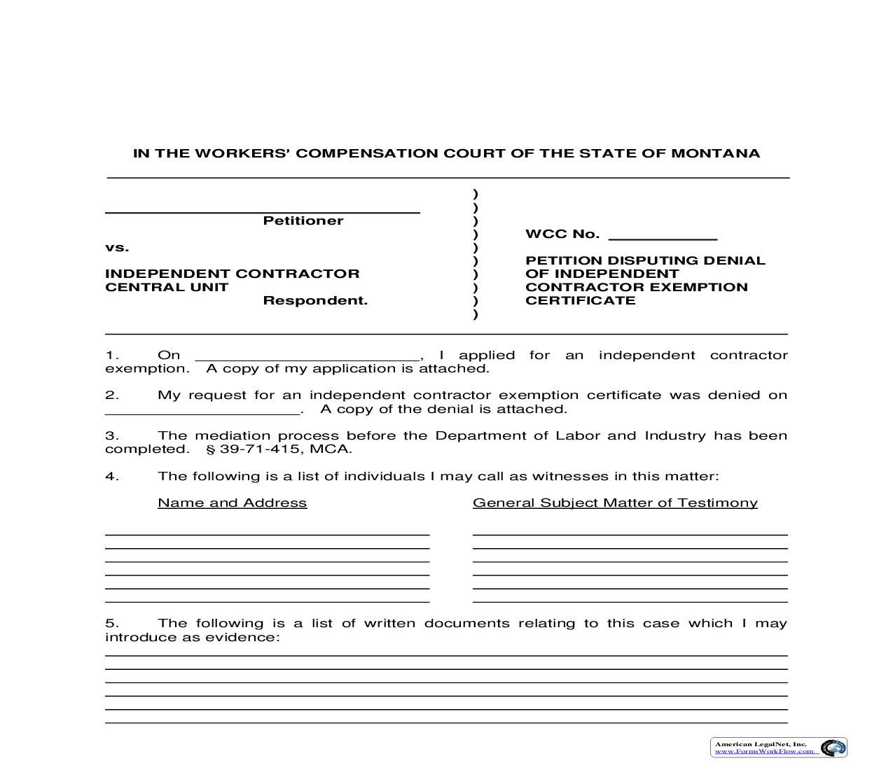 Petition Disputing Denial Of Independent Contractor Exemption Certificate | Pdf Fpdf Doc Docx | Montana