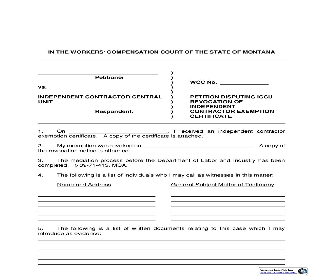 Petition Disputing ICCU Revocation Of Independent Contractor Exemption Certificate | Pdf Fpdf Doc Docx | Montana
