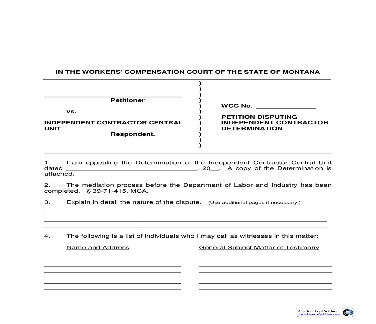 Petition Disputing Independent Contractor Determination | Pdf Fpdf Doc Docx | Montana