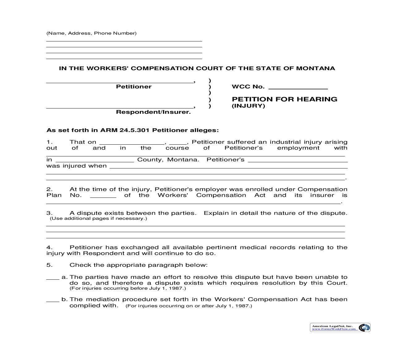 Petition For Hearing (Injury) | Pdf Fpdf Doc Docx | Montana