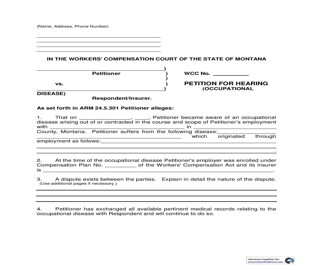 Petition For Hearing (Occupational Disease) | Pdf Fpdf Doc Docx | Montana