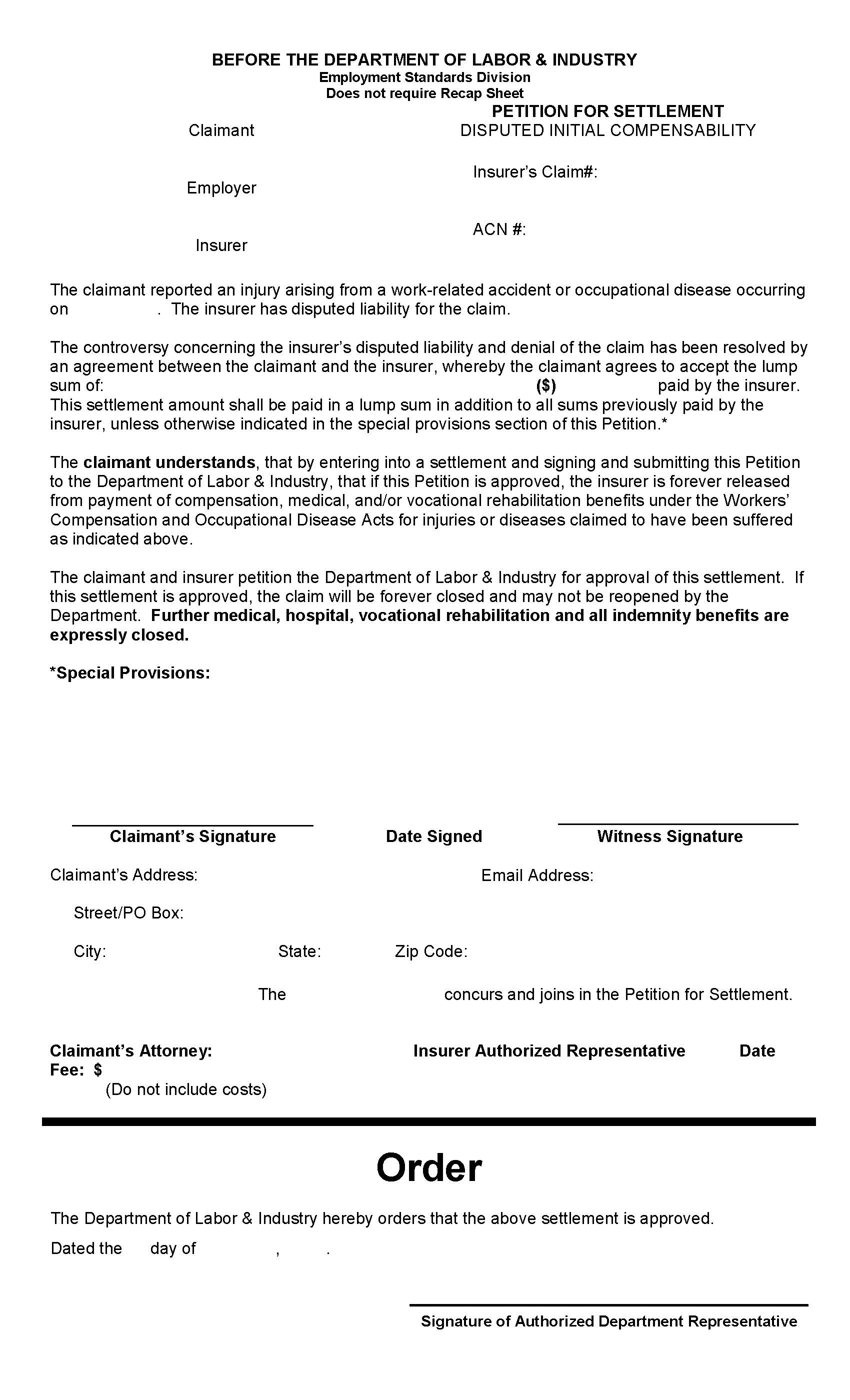 Petition For Settlement (Disputed Initial Compensability) | Pdf Fpdf Doc Docx | Montana