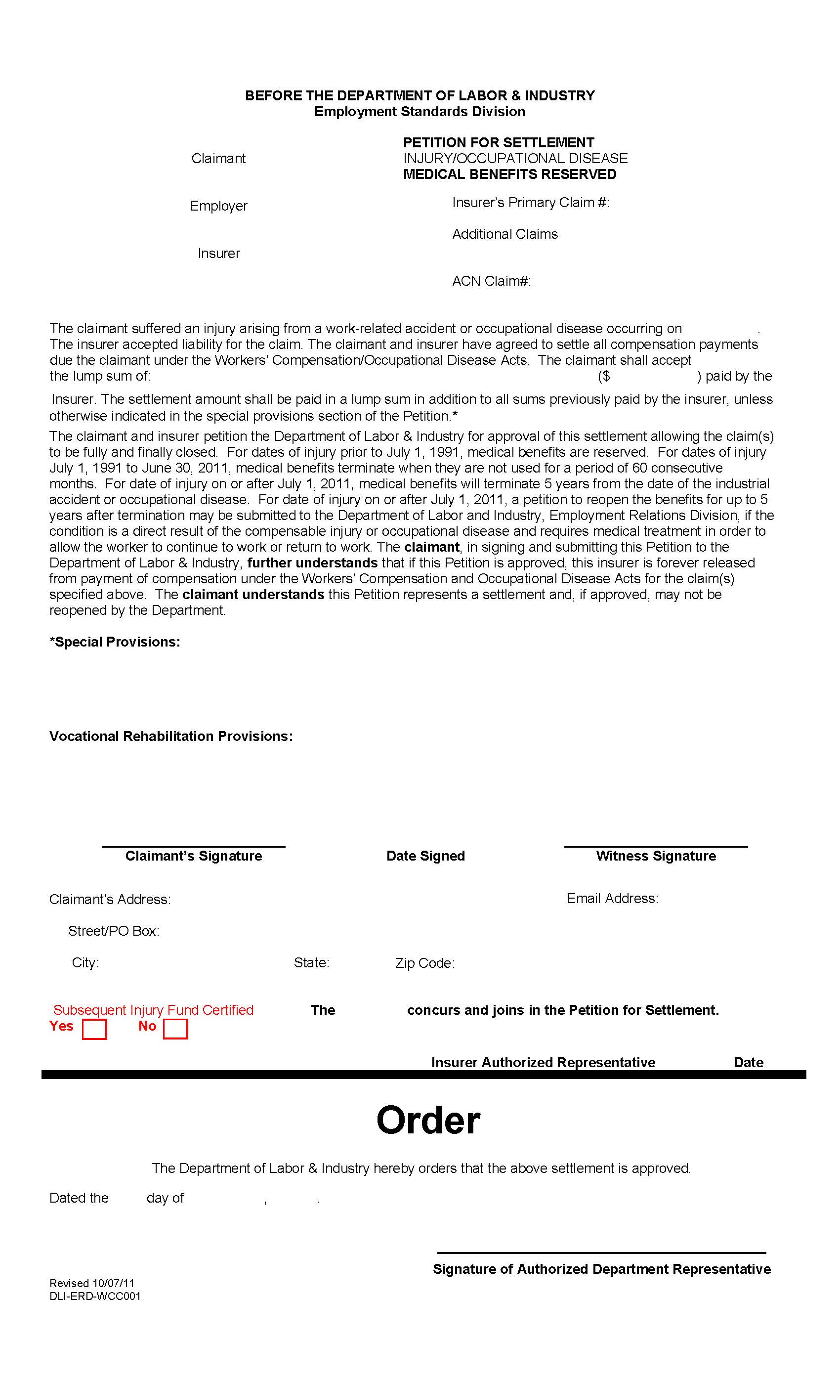 Petition For Settlement (Injury And Or Occupational Disease - Medical Benefits Reserved) | Pdf Fpdf Doc Docx | Montana