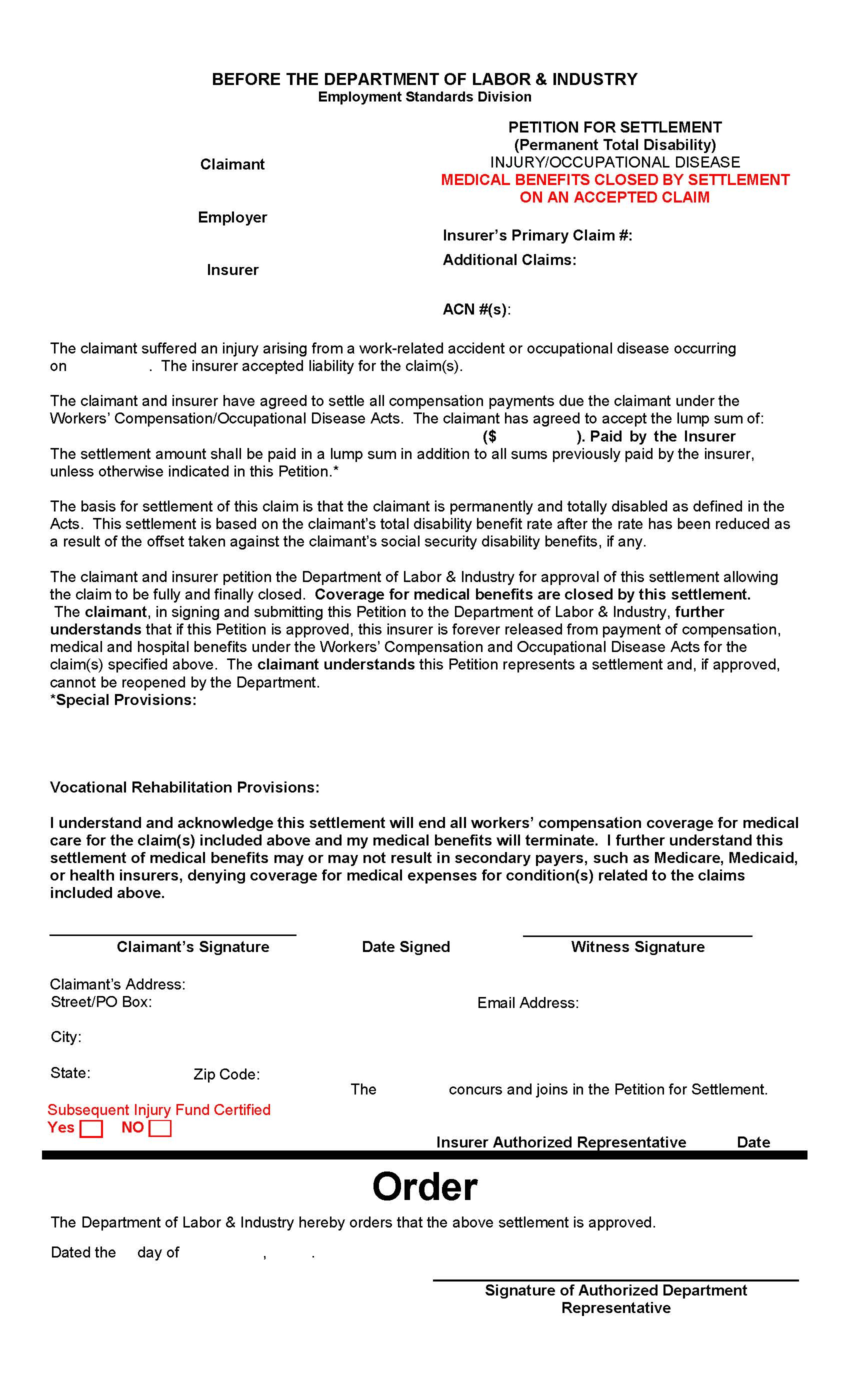 Petition For Settlement (Permanent Total Disability - Medical Benefits Closed on Accepted Claim) | Pdf Fpdf Doc Docx | Montana