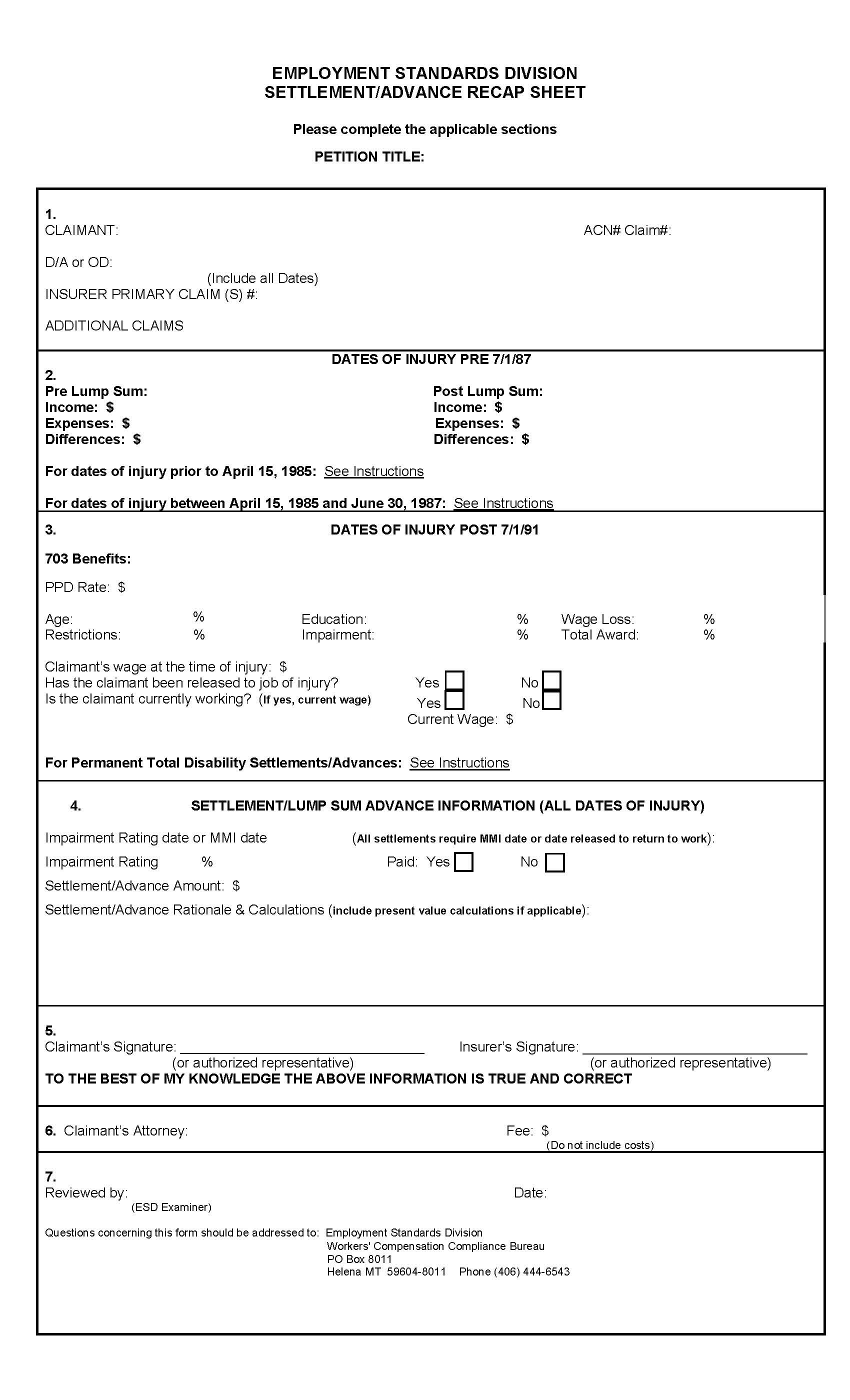 Settlement Advance Recap Sheet | Pdf Fpdf Docx | Montana