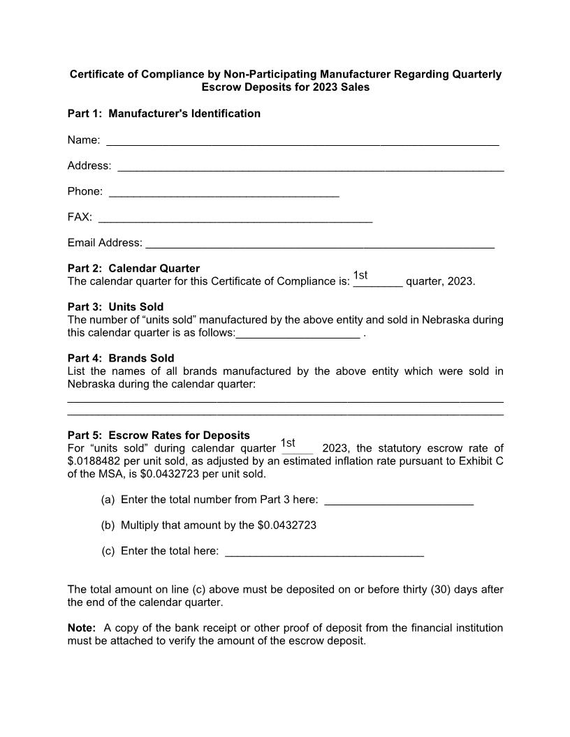 Certificate Of Compliance By Non Participating Manufacturer | Pdf Fpdf Doc Docx | Nebraska