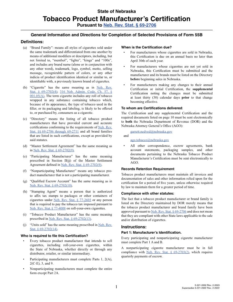Certificate Of Tobacco Master Settlement Agreement {55B} | Pdf Fpdf Doc Docx | Nebraska