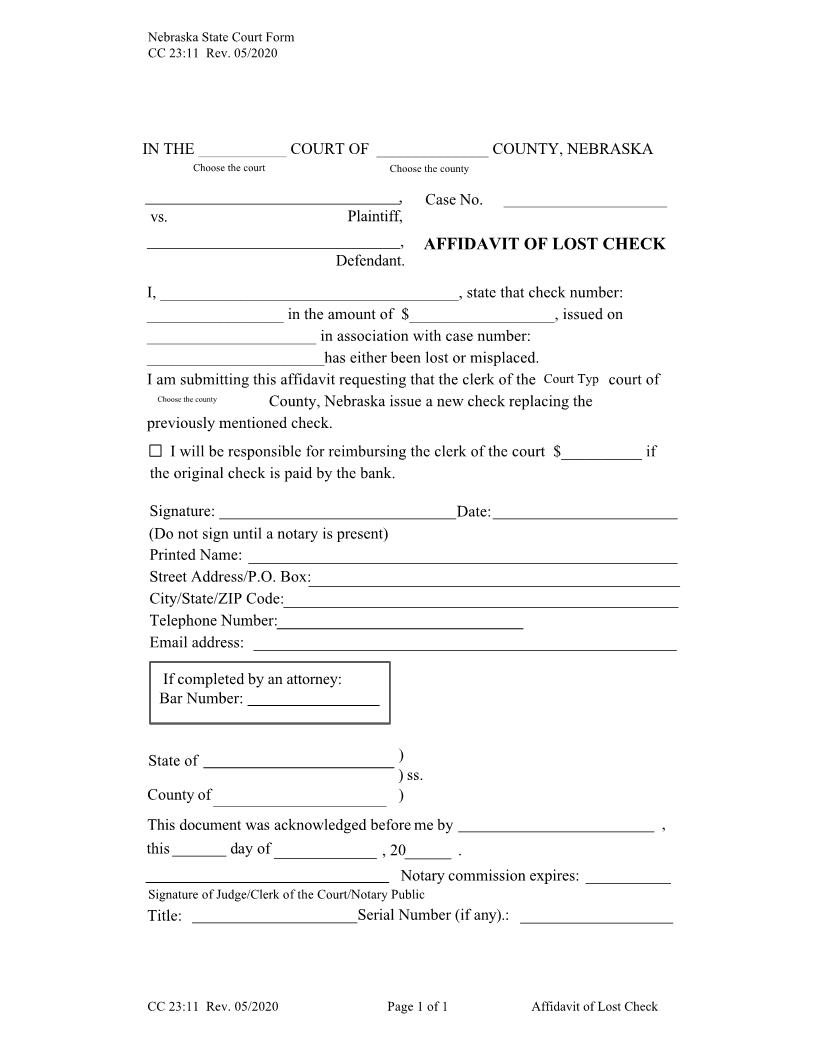 Affidavit Of Lost Check {CC-23-11} | Pdf Fpdf Docx | Nebraska