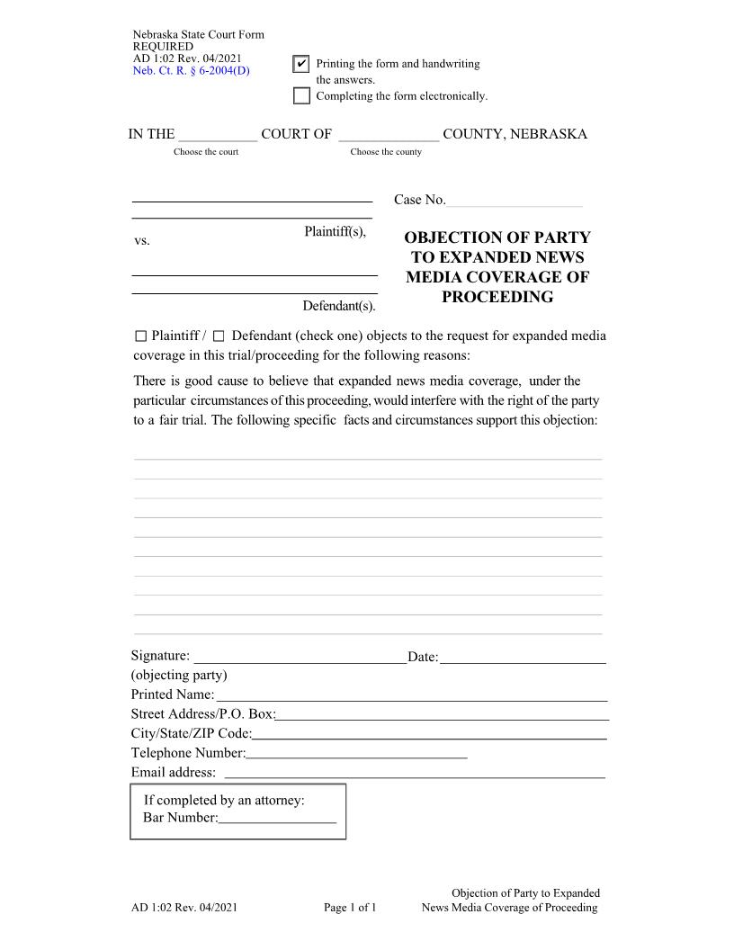 Objection Of Party To Expanded News Media Coverage {AD-1-02} | Pdf Fpdf Docx | Nebraska