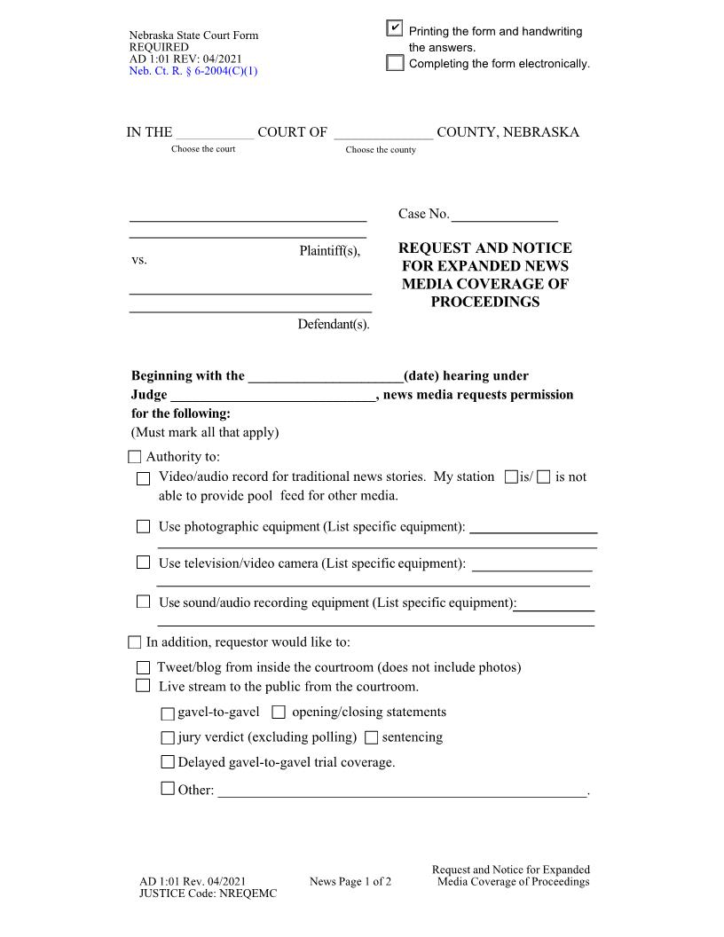 Request And Notice For Expanded News Media Coverage {AD-1-01} | Pdf Fpdf Docx | Nebraska