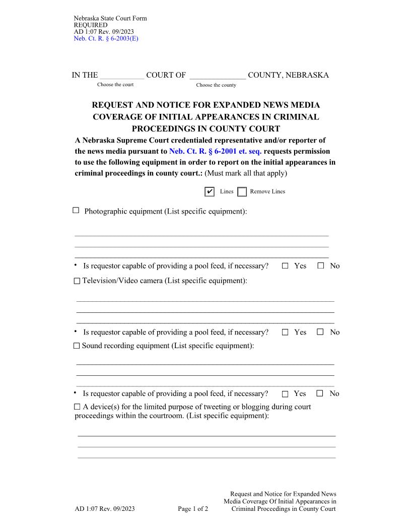 Request And Notice For Expanded News Media Initial Appearances {AD-1-07} | Pdf Fpdf Docx | Nebraska