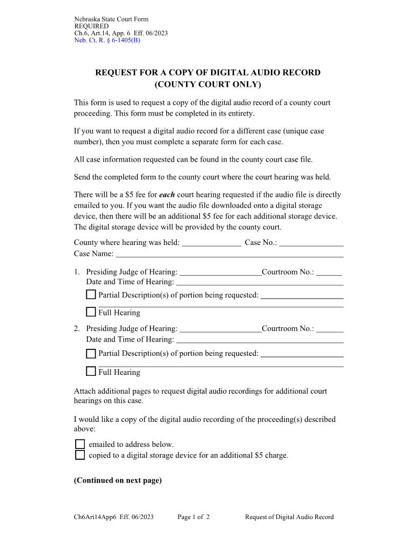 Request Form For Copy Of Digital Audio Record | Pdf Fpdf Docx | Nebraska