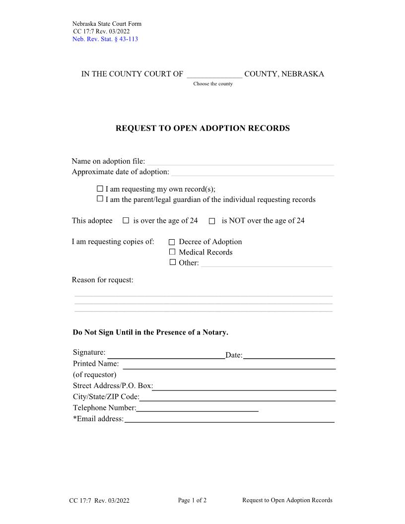 Request To Open Adoption Records {CC-17-7} | Pdf Fpdf Docx | Nebraska