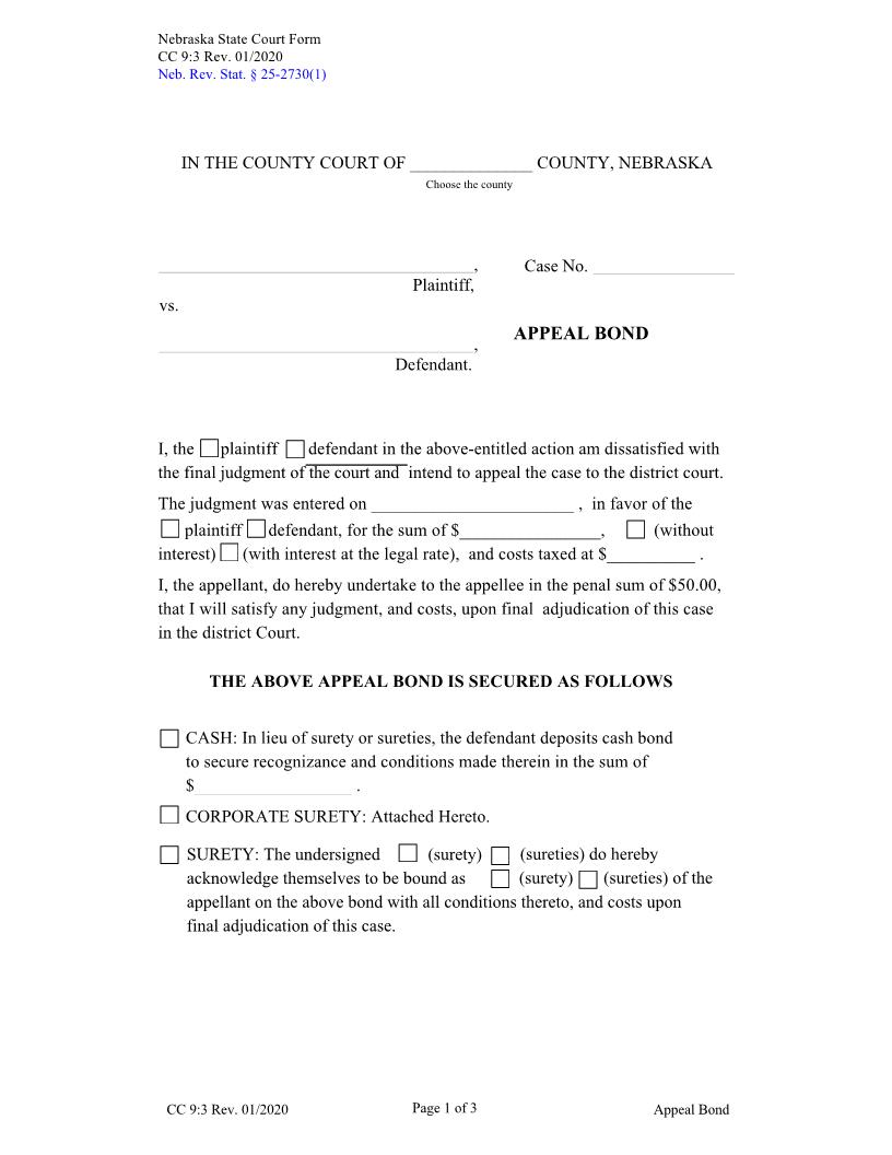 Appeal Bond {CC-9-3} | Pdf Fpdf Docx | Nebraska