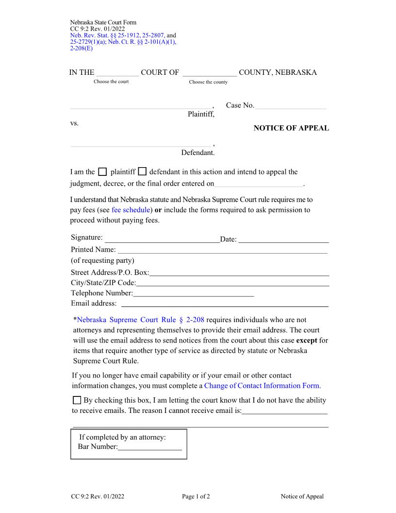 Notice Of Appeal {CC-9-2} | Pdf Fpdf Docx | Nebraska