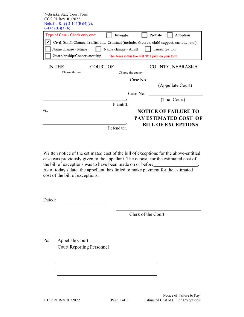 Notice Of Failure To Pay Estimated Cost Of Bill Of Exceptions {CC-9-91} | Pdf Fpdf Doc Docx | Nebraska