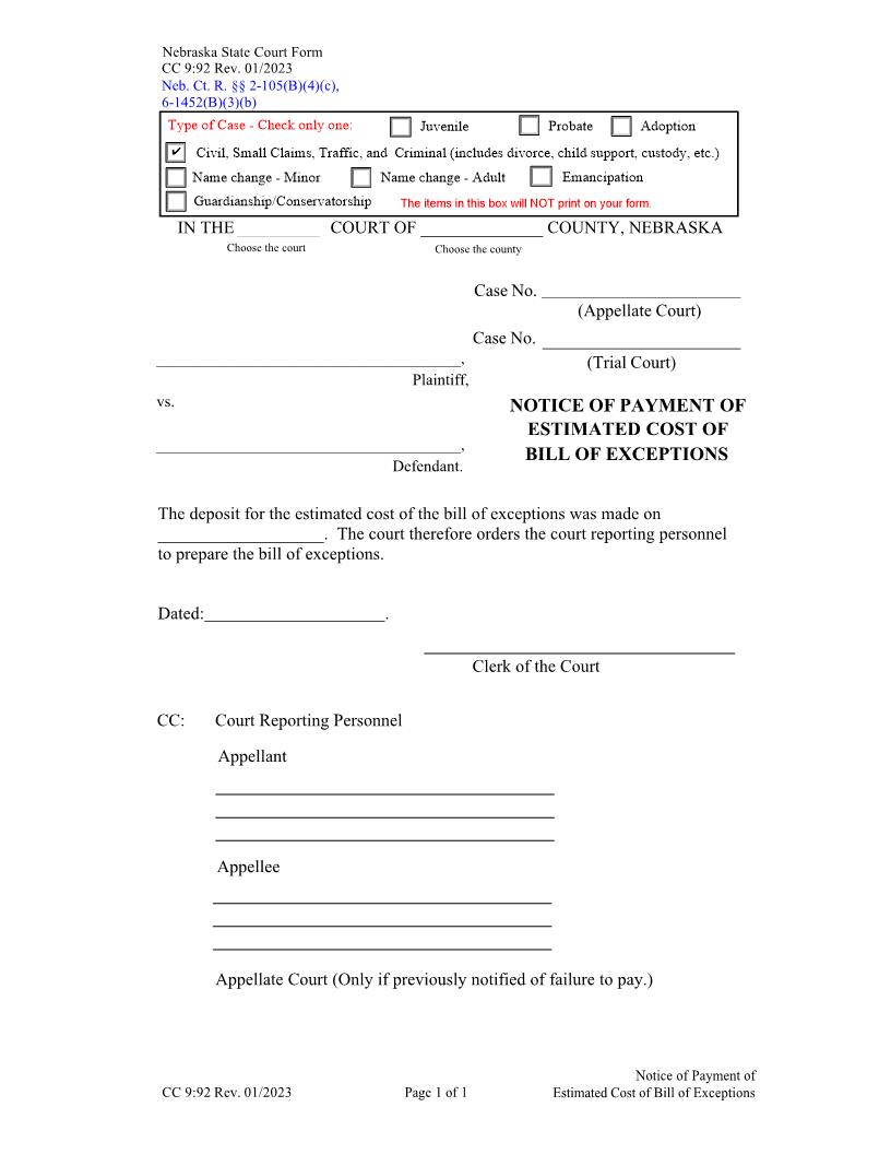 Notice Of Payment Of Estimated Cost Of Bill Of Exceptions {CC-9-92} | Pdf Fpdf Doc Docx | Nebraska