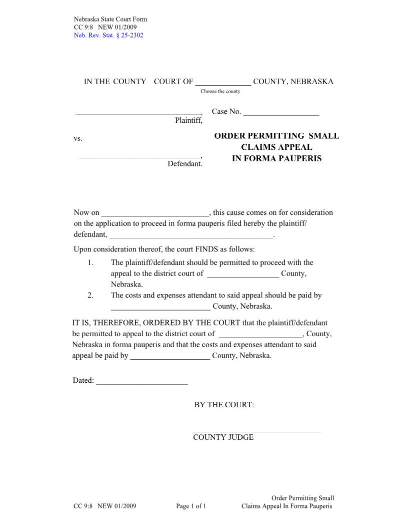 Order Permitting Small Claims Appeal In Forma Pauperis {CC-9-8} | Pdf Fpdf Doc Docx | Nebraska