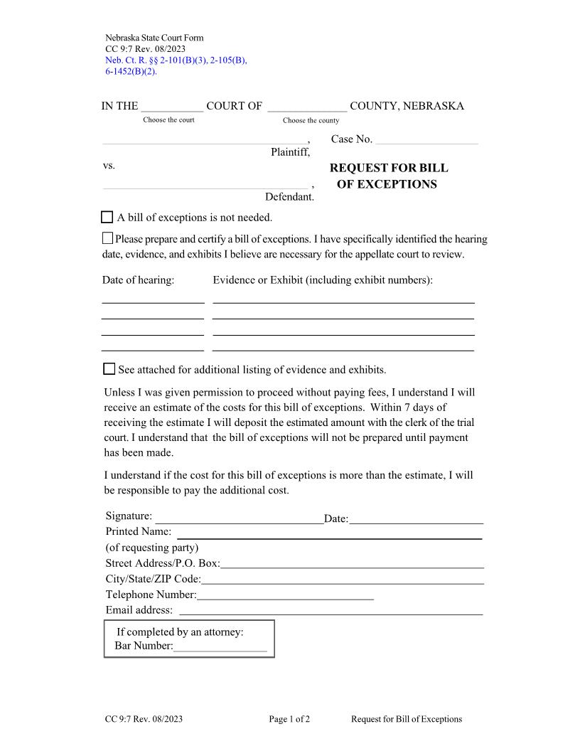 Request For Bill Of Exceptions {CC-9-7} | Pdf Fpdf Docx | Nebraska