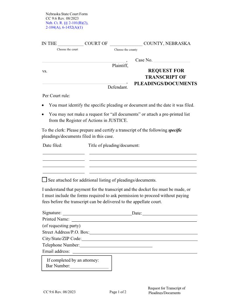 Request For Transcript Of Pleadings Documents {CC-9-6} | Pdf Fpdf Docx | Nebraska