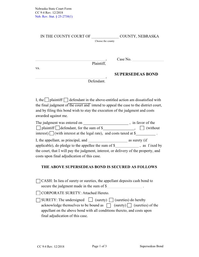 Supersedeas Bond {CC-9-4} | Pdf Fpdf Docx | Nebraska