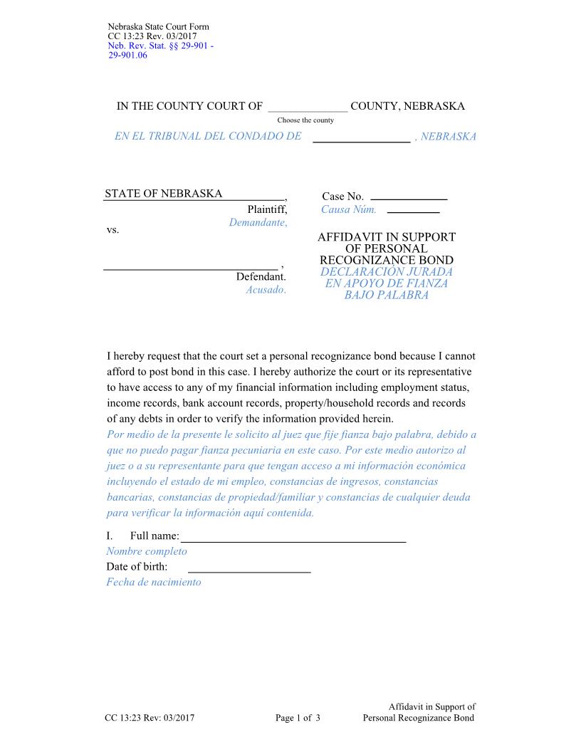 Affidavit In Support Of Personal Recognizance Bond {CC-13-23} | Pdf Fpdf Doc Docx | Nebraska