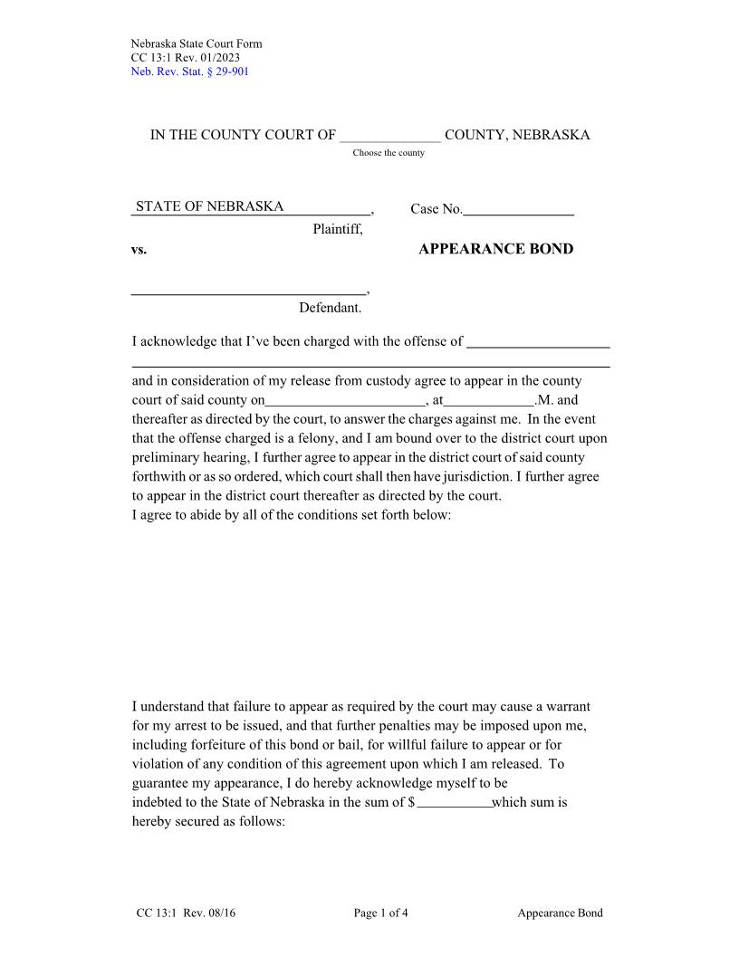 Appearance Bond {CC-13-1} | Pdf Fpdf Docx | Nebraska
