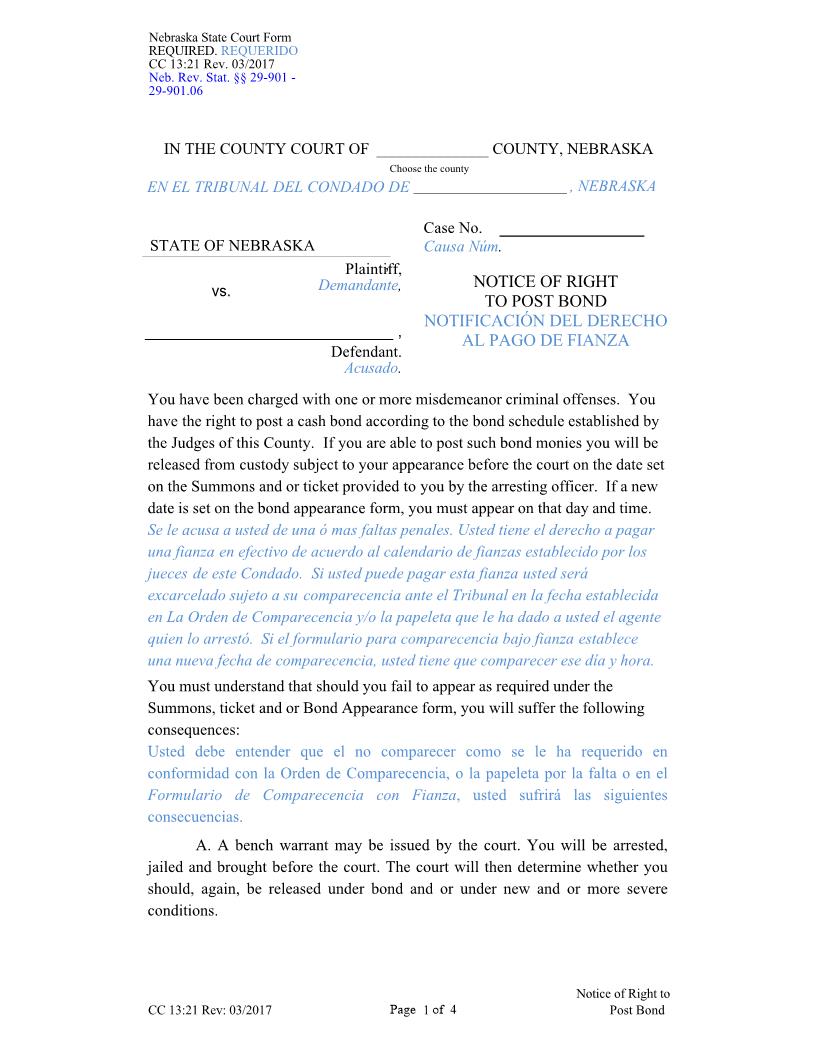 Notice Of Right To Post Bond {CC-13-21} | Pdf Fpdf Doc Docx | Nebraska