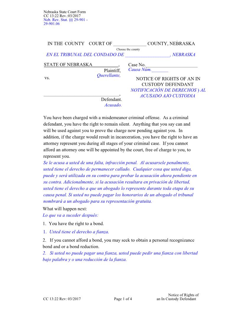 Notice Of Rights Of An In Custody Defendant {CC-13-22} | Pdf Fpdf Doc Docx | Nebraska