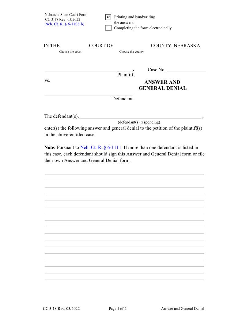 Answer And General Denial {CC-3-18} | Pdf Fpdf Docx | Nebraska