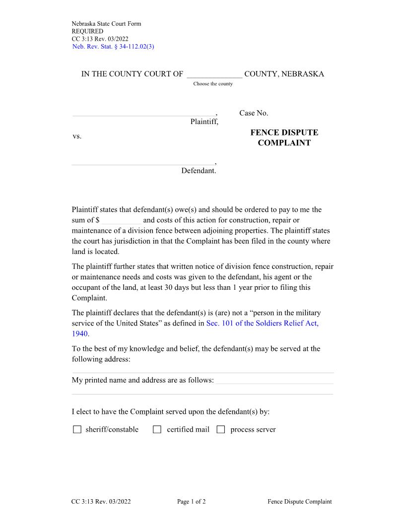 Fence Dispute Complaint {CC-3-13} | Pdf Fpdf Docx | Nebraska