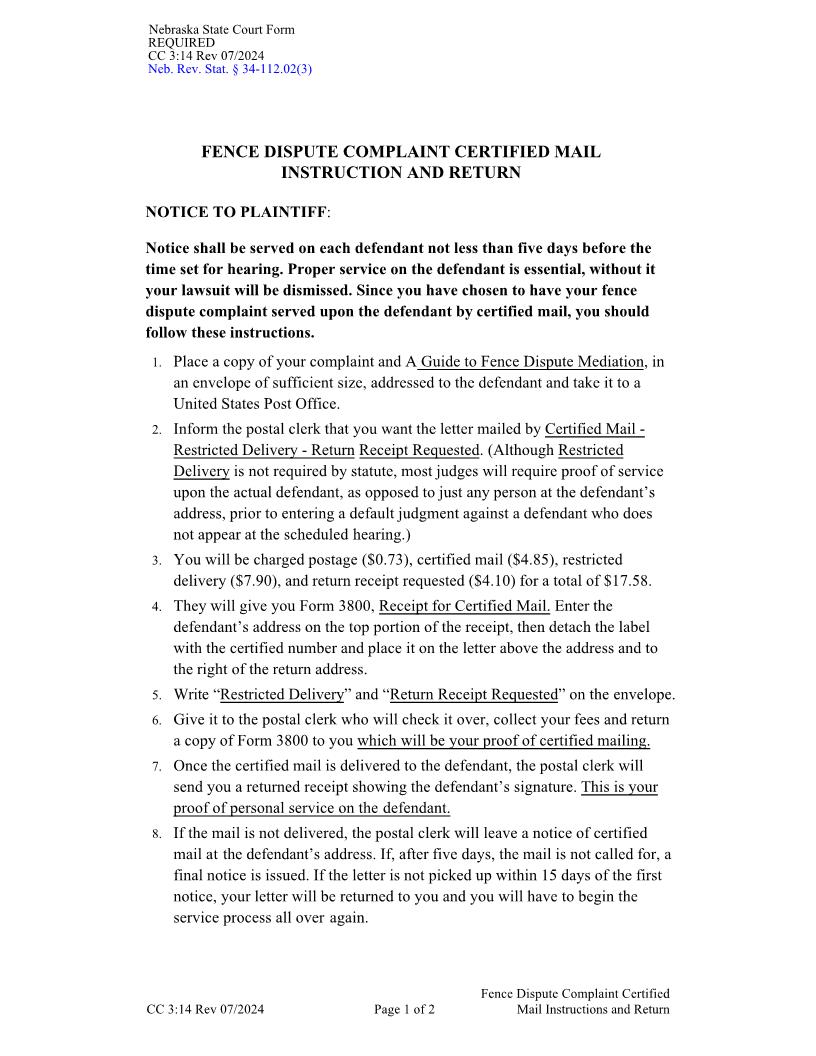 Fence Dispute Complaint Certified Mail Instruction And Return {CC-3-14} | Pdf Fpdf Docx | Nebraska