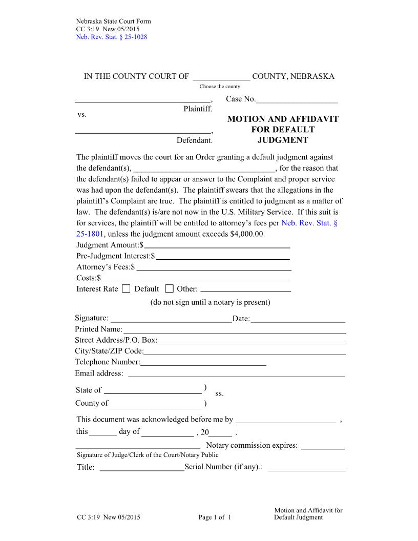 Motion And Affidavit For Default Judgment {CC-3-19} | Pdf Fpdf Docx | Nebraska