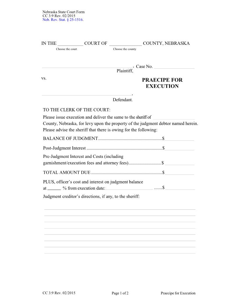 Praecipe For Execution {CC-3-9} | Pdf Fpdf Docx | Nebraska