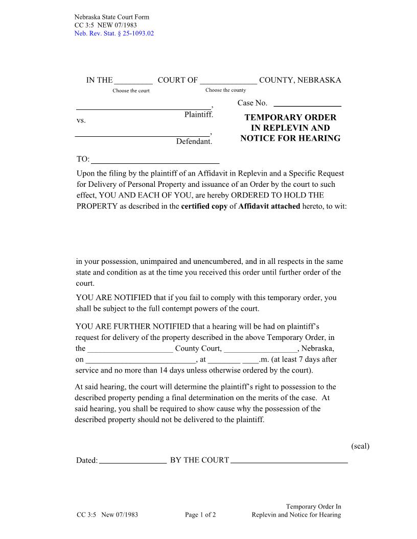 Temporary Order In Replevin And Notice For Hearing {CC-3-5} | Pdf Fpdf Docx | Nebraska
